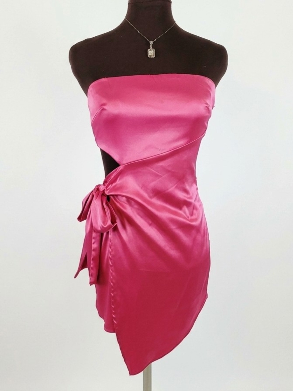 Lena Strapless Satin Cocktail Dress in Hot Pink with Side Tie